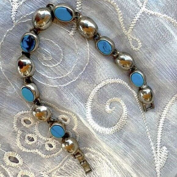 Vintage Silver & Turquoise Dome Link Bracelet - Picture 6 of 7